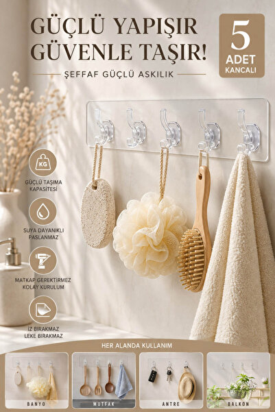 Anadolu Saray 5 Adet Kancalı Kendinden Yapışkanlı Şeffaf Askılık Güçlü Sihirl...