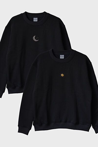 lofux Moon and Sun Patterned Embroidered Double Combination Crew Neck Sweatshirt
