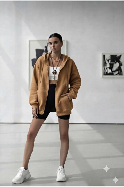 NO 601 Women's Camel Hooded Zippered Cardigan Basic Plain Jacket