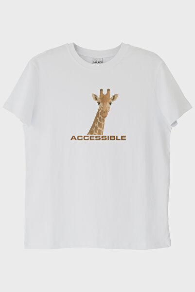lofux Accessible Giraffe Illustrated Printed White T-Shirt