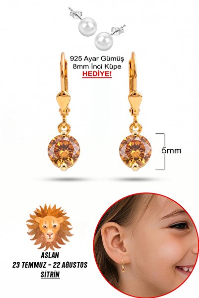 klas gümüş 925 Ayar Gümüş Çocuk Küpesi | 5 mm Sitrin Taşlı Sallantılı Küpe | ...