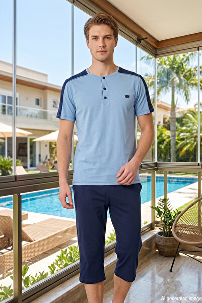 REMSA Men's Short Sleeve Shorts Single Jersey Fabric Pajama Set 1767 Blue01