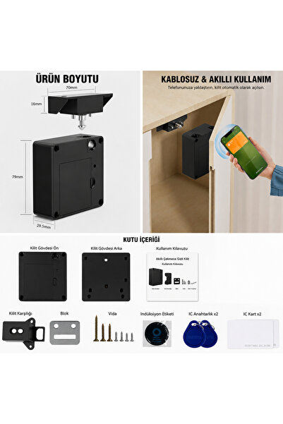 TeknoFaji Siyah Gizli Çekmece Kilidi,Elektronik,Akıllı Anahtarsız Dolap Kilid...