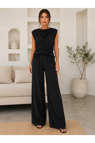 Qu Style Anthracite Degaje Collared Wide Leg Women's Two-Piece Suit
