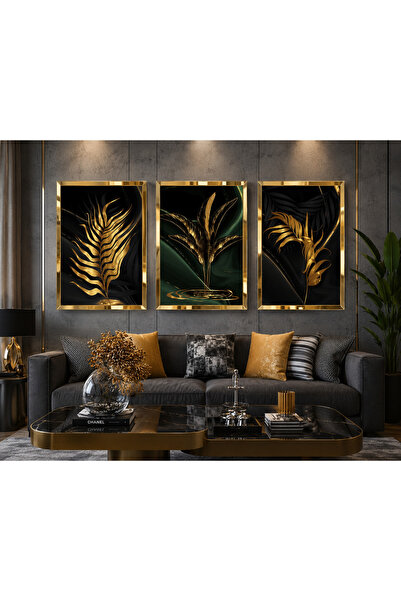 Lumcent 3 Parça Gold Çerçeveli Premium Botanik Yaprak Dekoratif Duvar Tablosu...