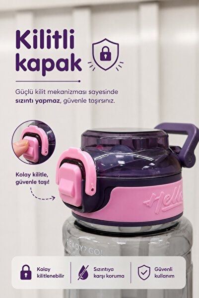 M&B WATER BOTTLE Hello Ayıcık Motifli Pipetli Çocuk Matarası - 800 ML Kilitli Kapaklı Askılı Suluk