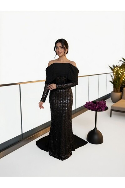 ranin Black Evening Dress with Embroidery and Chiffon Cowl Tail