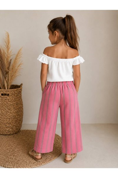 Montisu 100% Cotton Gofreli Blouse, Special Pattern Gray Striped Cotton/Linen Trouser Set, Comfortable Fit