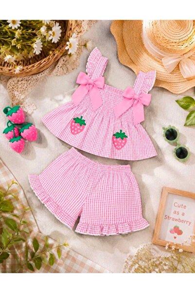 mirkidsclub Baby Girl/Kids Gingham Strawberry Appliqué Shorts Set of 2 – Ruff...