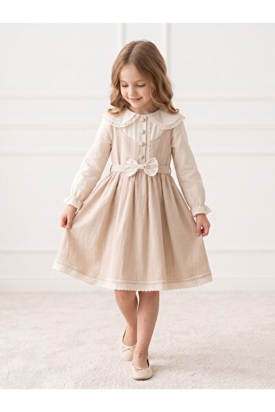 Cherrys Bebek Nostalgic Collar Detailed Bowknot Girls' Dress