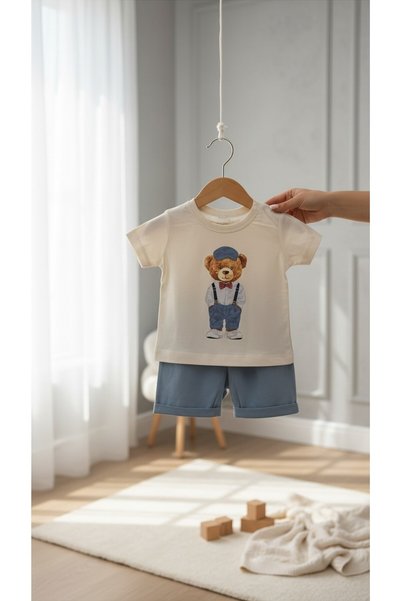 balbeybi Baby Boy Teddy Bear Printed 2-Piece Set Short Sleeve T-Shirt Shorts Summer Cotton Baby Set 6-9 Months 9-12 Months 12-18 Months