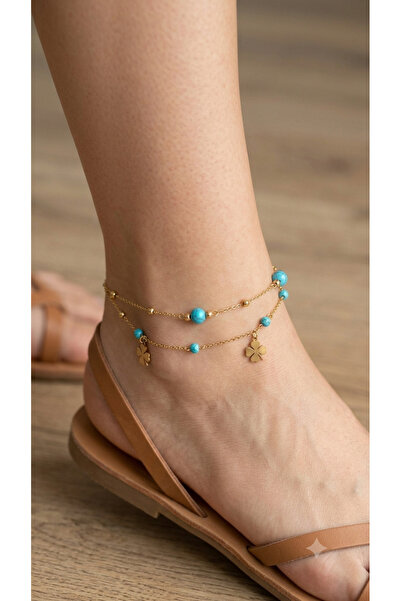 Bymiel Women's Gold Color Steel Double Anklet - Anklet with Blue Beads and Fo...