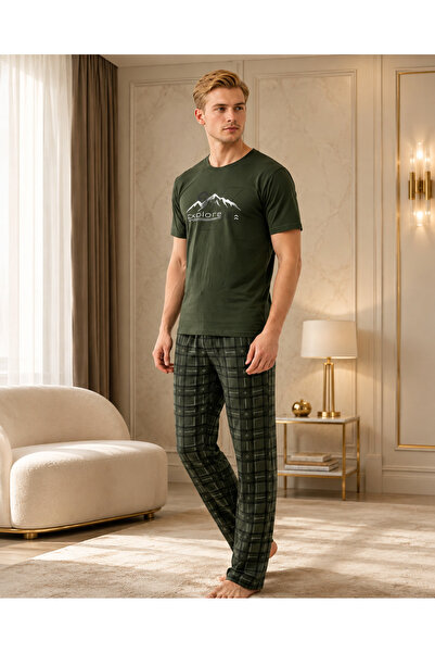 Pijamask Set de pijamale lungi pentru bărbați, kaki, cu imprimeu Explore, din...