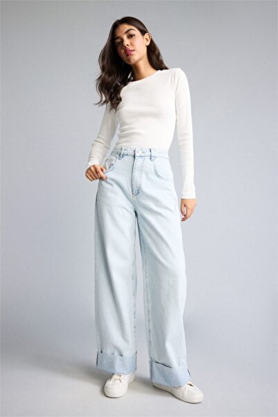 DeFacto 100% Cotton Baggy Fit High Waist Wide Folded Hem Light Blue Trousers ...