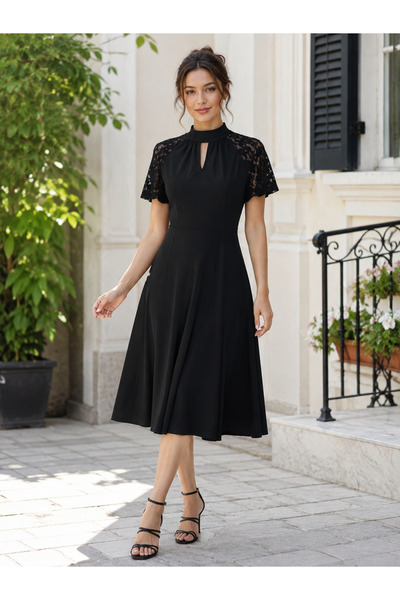 Kokosh moda Rochie de damă din crep, cu mâneci din dantelă, guler tip Hakim, ...