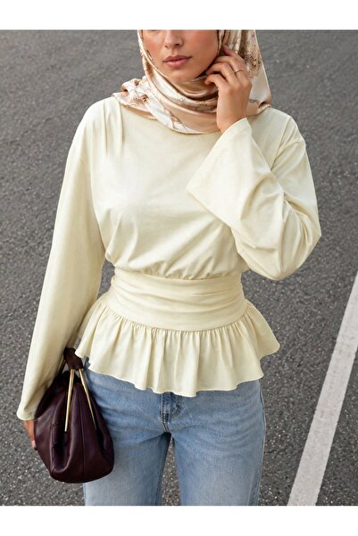 meren like your style بلوزة ذات أكمام طويلة واسعة باللون الأصفر الفاتح مع حاف...