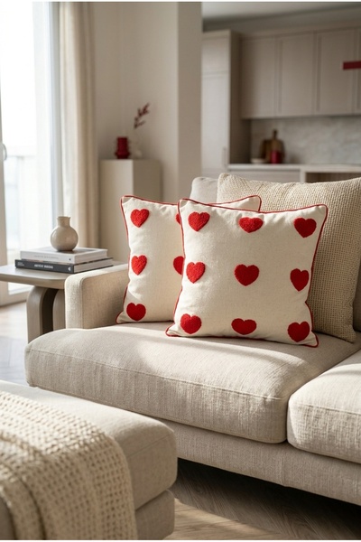 Rayda Home Red Heart Punch Embroidery on Raw Washed Linen Fabric with Piping ...
