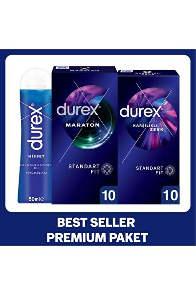 Durex Maraton 10’lu + Karşılıklı Zevk 10’lu Prezervatif + Hisset Jel 50 ml Set