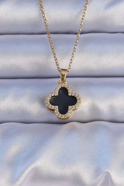 deluxe takı ve giyim 316L Steel Gold Color Black Enamel Zircon Stone Clover F...