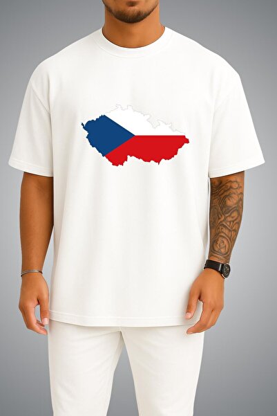 Bahriyeli Collection Oversize Czech Republic Flag and Map Chest Printed Unise...