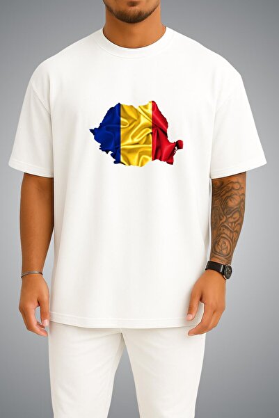 Bahriyeli Collection Oversize Romania Flag and Map Chest Printed Unisex T-Shirt