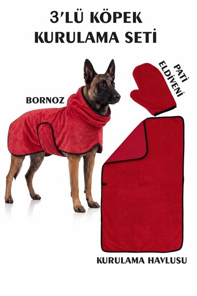 VEVİEN HOME 3-Piece Dog Drying Set Bathrobe-Towel-Paw Gloves Super Water Abso...