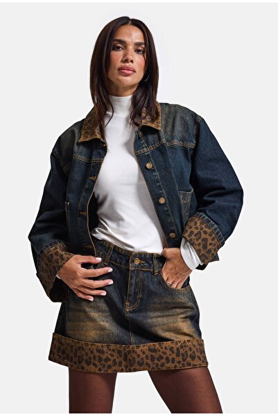 it's basic Kadın Koyu Kot 2w6-8 Straight Leopar Detaylı Tasarım denim Etek