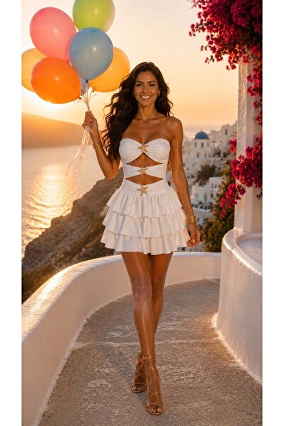 pink life Santorini Sunset Beyaz Den.Yıldızı Mini Elbise