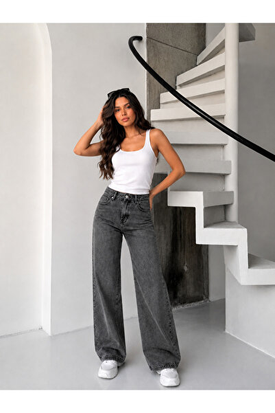 KENE JEANS Pantaloni blugi negri cu buzunar la spate, broderie, cataramă la c...