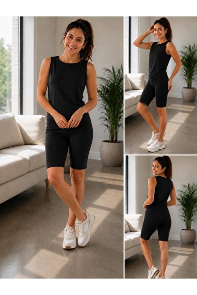 MİLYA&GYM Women's Cotton Camisole Ribbed Fabric Top-Bottom Crewneck Tank Top Set