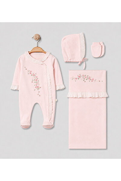 Pugi Baby Lace Detailed Baby Girl Romper, Blanket, Hat and Glove Set