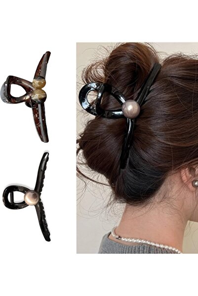 STARSTAR 2-Pack Pearl Faux Leather Banana Hair Clips, Non-Slip Ponytail Holde...