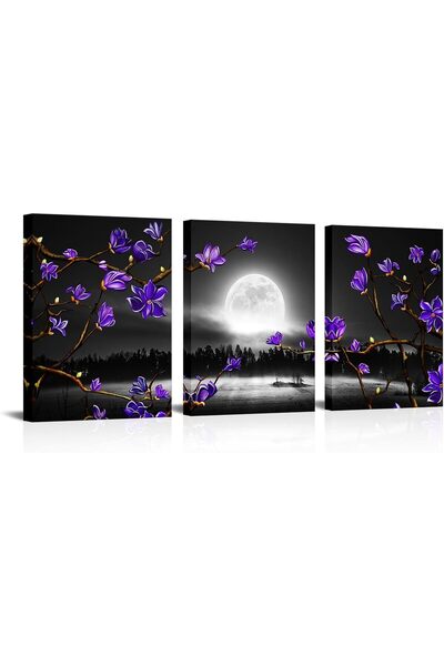 HOME MODE 30x40 cm 3 Panel Gallery Wrapped Canvas | Purple Flower Moon Wall A...
