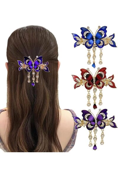 STARSTAR A set of 3 medium-sized metal hair clips, featuring butterfly tassel...