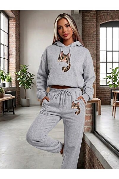 WOODROFFE Women's Pocket Cat Printed Oversize Hooded Tracksuit Set