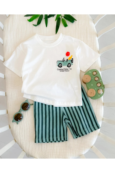 hümabebe Striped Shorts Detail, Crew Neck T-Shirt, Summer 2-Piece Baby Boy Set