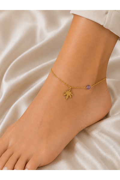 Bymiel Gold Purple Natural Stone and Palm Figured Steel Anklet – Adjustable W...