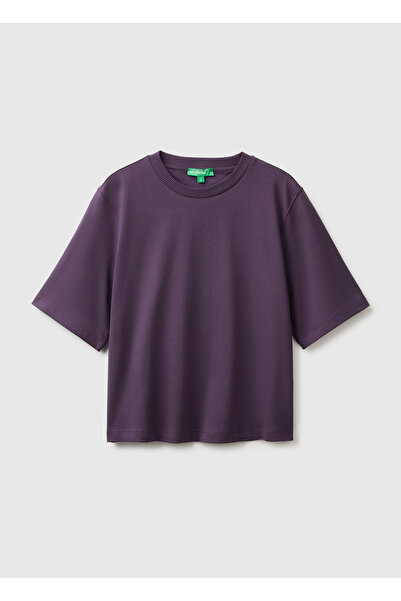United Colors of Benetton Women's Dark Purple 100% Cotton Boxy Fit T-Shirt