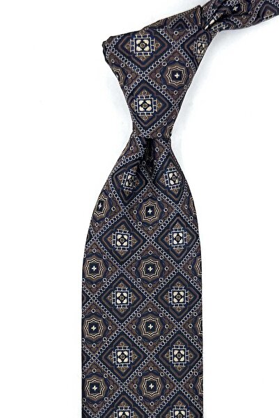 Kravatkolik Brown Motif Pattern Classic Tie with Handkerchief Kk13957