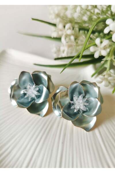 Halley Concept Blue Crystal Stone Detailed Layered Flower Model Steel Earring...