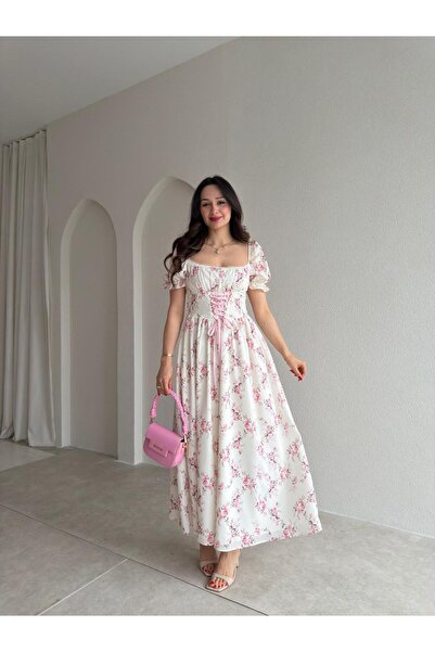 Mooi Butik فستان ميدي منقوش بالزهور من PRES 5448 - لون كريمي