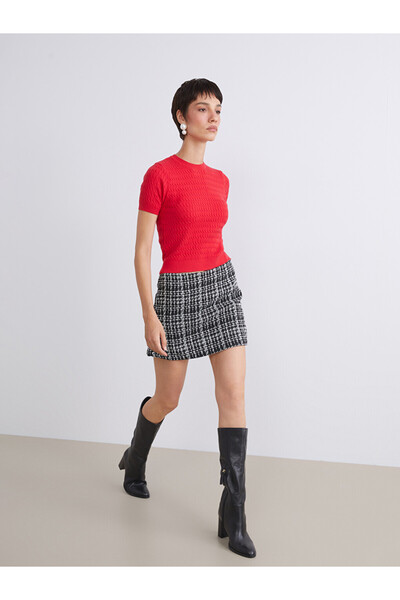 LC Waikiki Belted Zippered Plaid Tweed Short Skirt