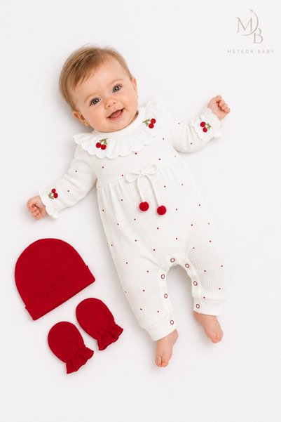 METEOR BABY Baby Girl Romper Set - Baby Set - 3-Piece Set with Cherry Embroidery, Ruffled Collar, Beanie, and Booties
