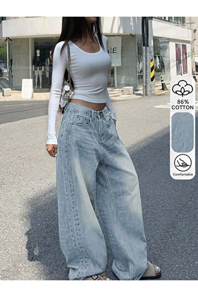 OEM Blugi de damă cu picior drept, spălați, albastru deschis, casual, stil am...