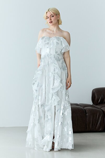 Serica Moda White Strapless Flounce Patterned Slit Chiffon Evening Dress