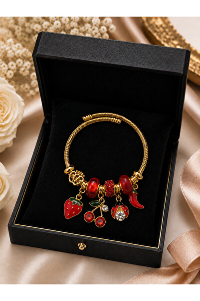 PULİNİN DÜKKANI Strawberry Cherry Ladybug Charm Bracelet – Gold Color Stainle...