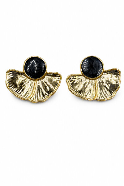 Jack Ferrero Black Detailed Fan-Shaped Yellow Tone Bijouterie Earrings