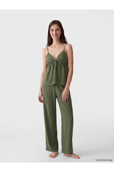 LC Waikiki Lcw Dream Green V-Neck Bow Detailed Women's Pajama Set