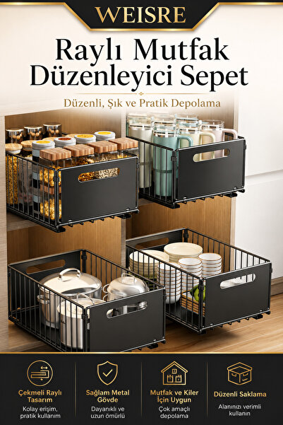 Weisre Raylı Mutfak Dolabı İçi Düzenleyici Çekmece Sepet Metal Sürgülü Organi...