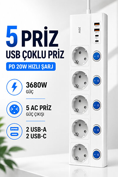 RAYLAZ 5 Priz USB Çoklu Priz PD 20W Hızlı Şarj 2 USB-A 2 USB-C 3680W 16A Anah...